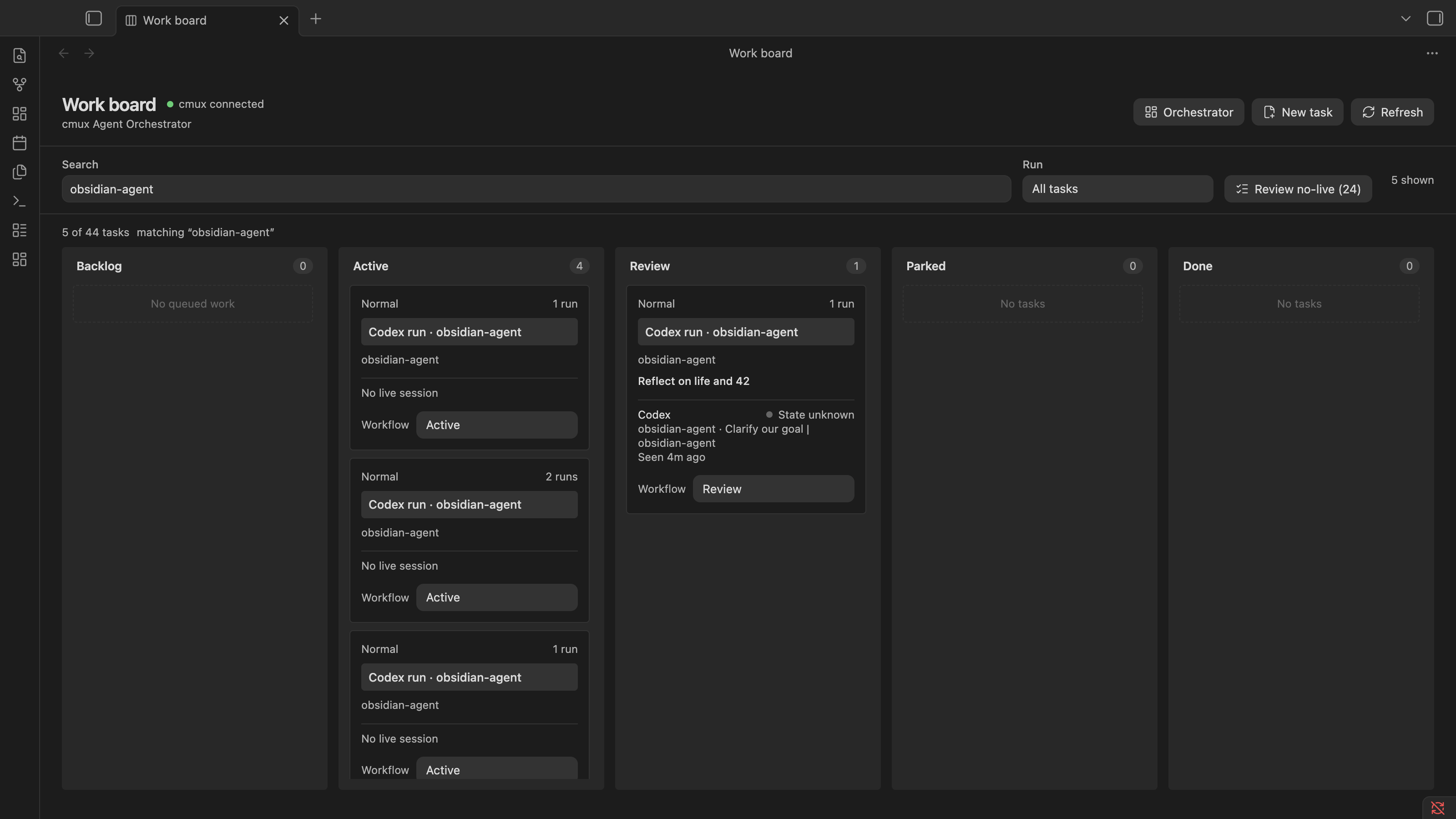 Dedicated searchable Work board with independently scrolling workflow columns