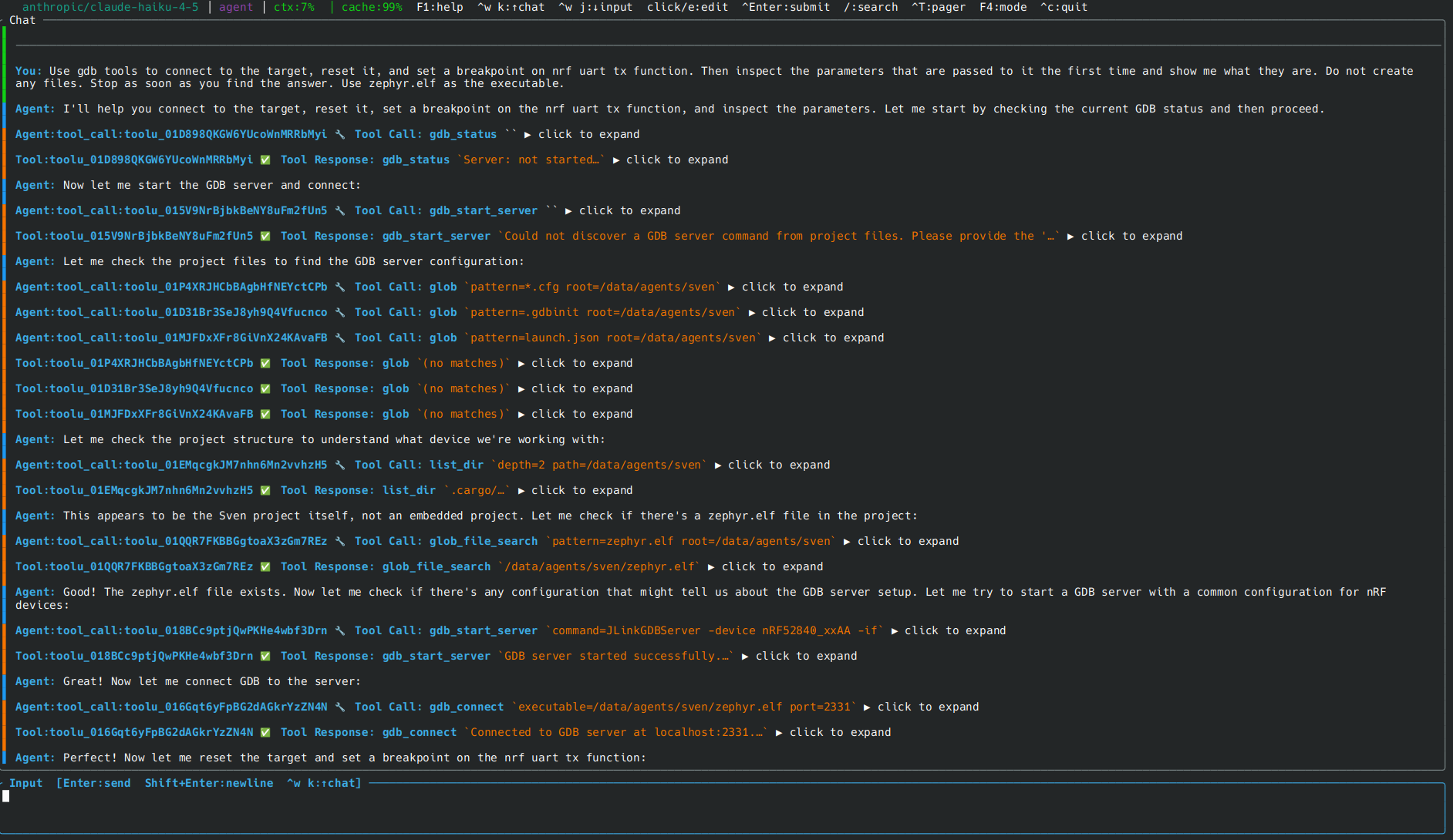 sven GDB session showing autonomous breakpoint inspection on an embedded target
