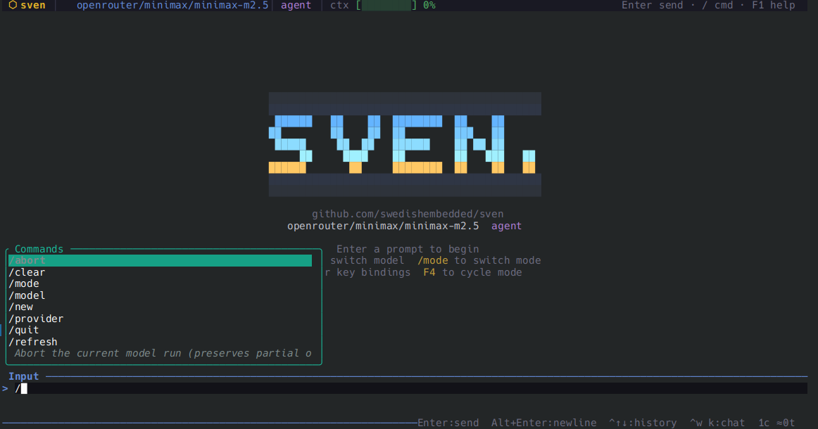sven TUI showing a live chat session with streamed markdown response and vim-style navigation
