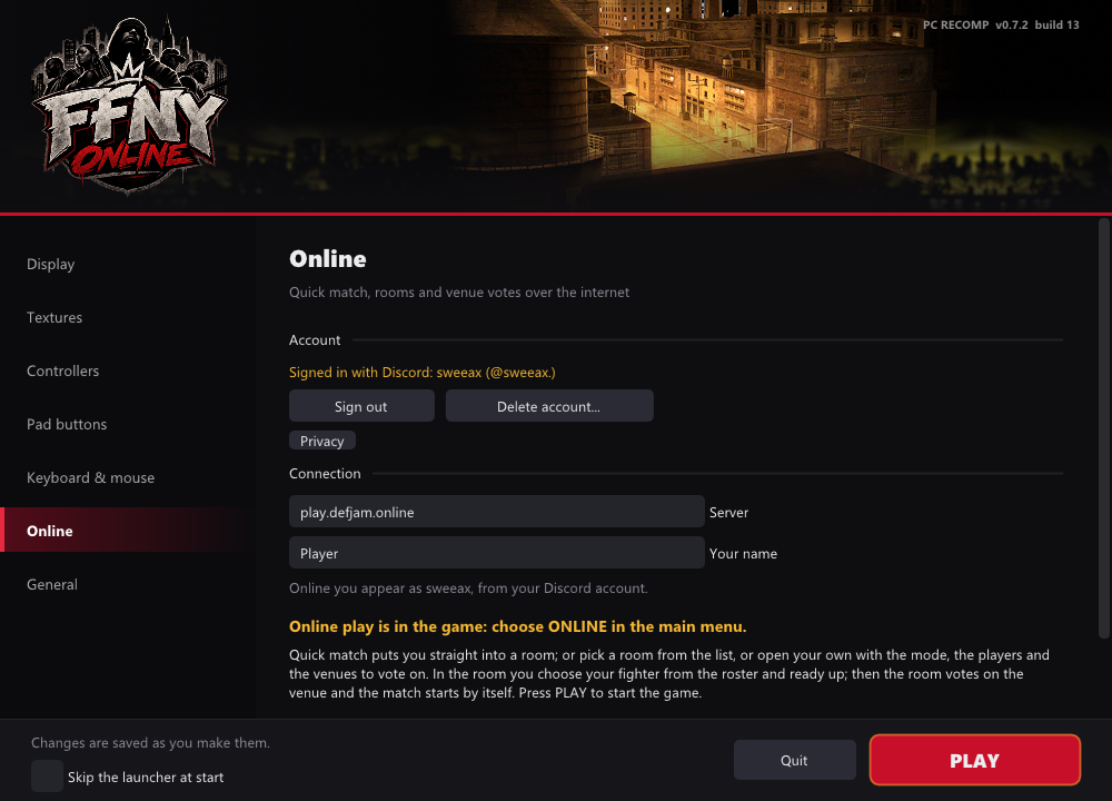 The launcher with the FFNY Online logo: the Online page, signed in with Discord