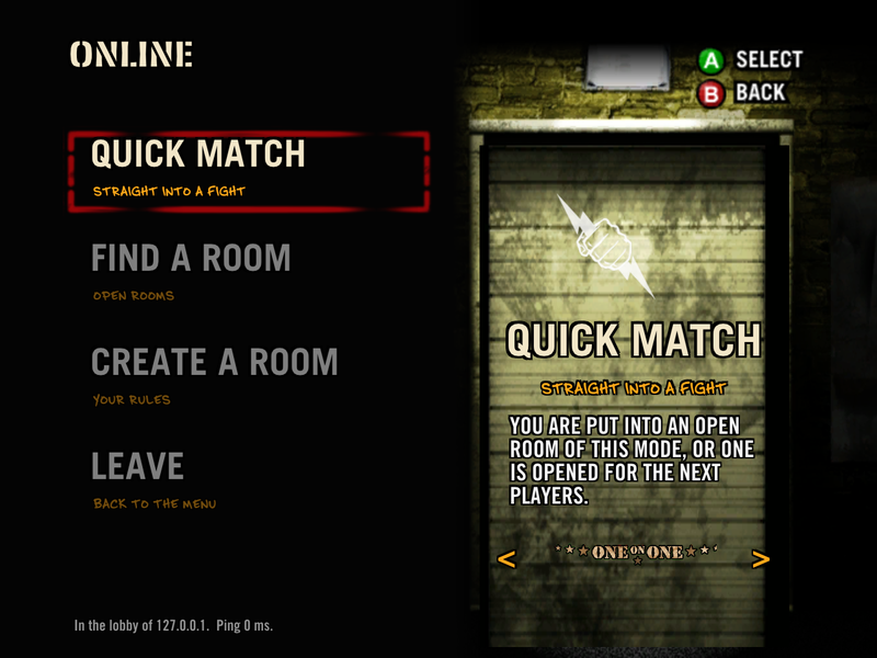 The online hub: quick match, find a room, create a room