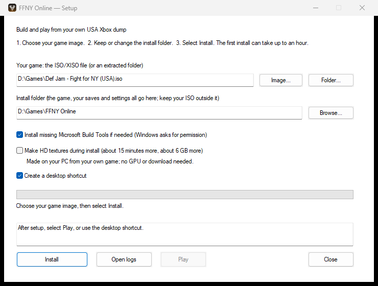 The setup wizard: choose your dump, an install folder and a data folder