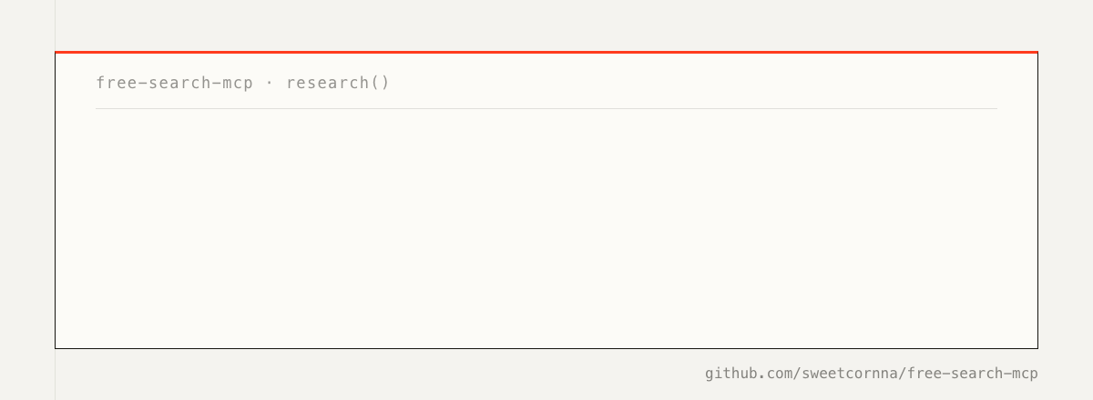 free-search-mcp — one research() call returns a cited Markdown brief, no API key