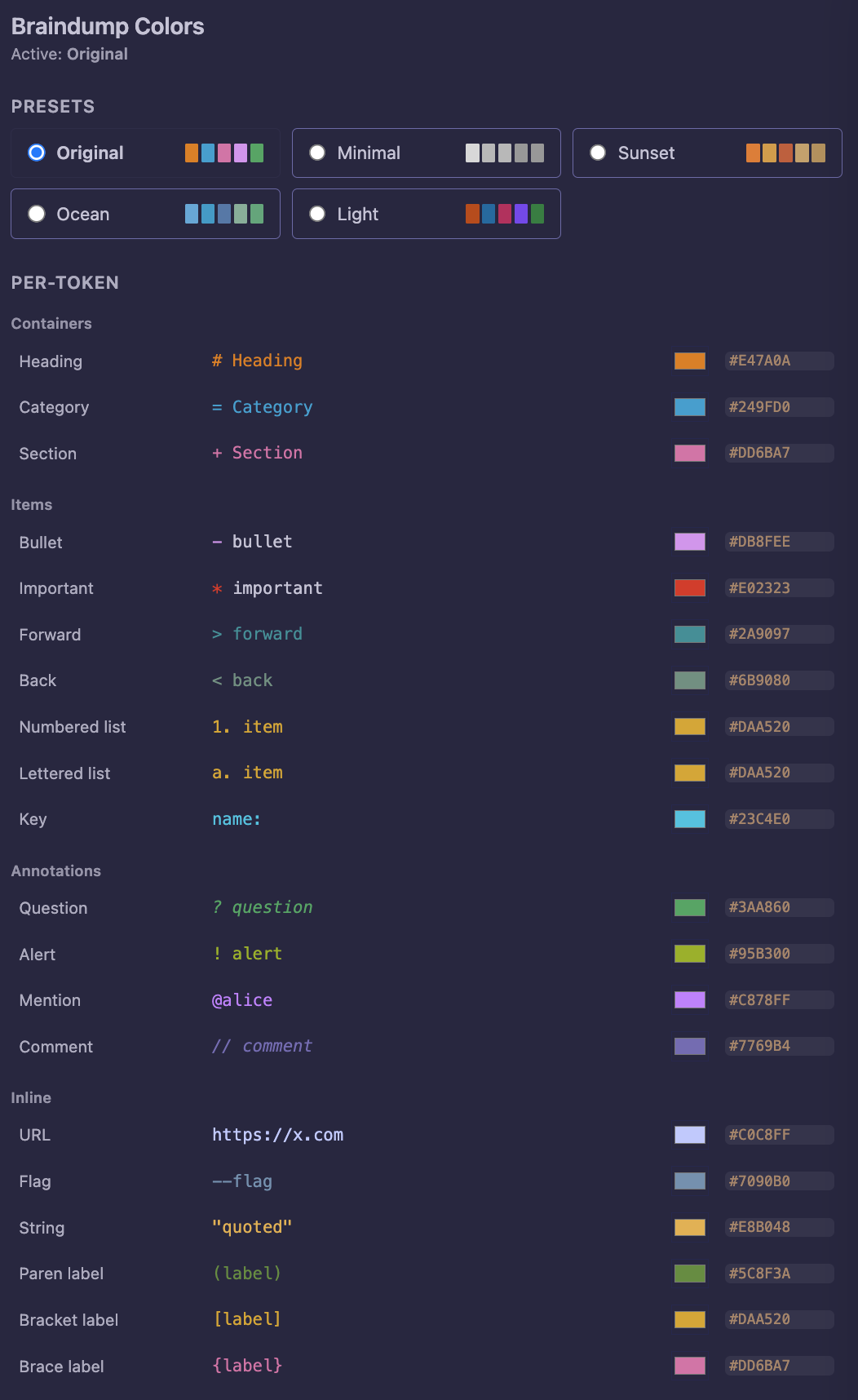 Braindump Colors