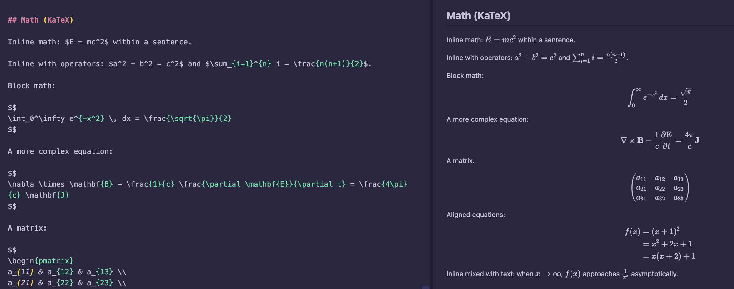 KaTeX math rendering