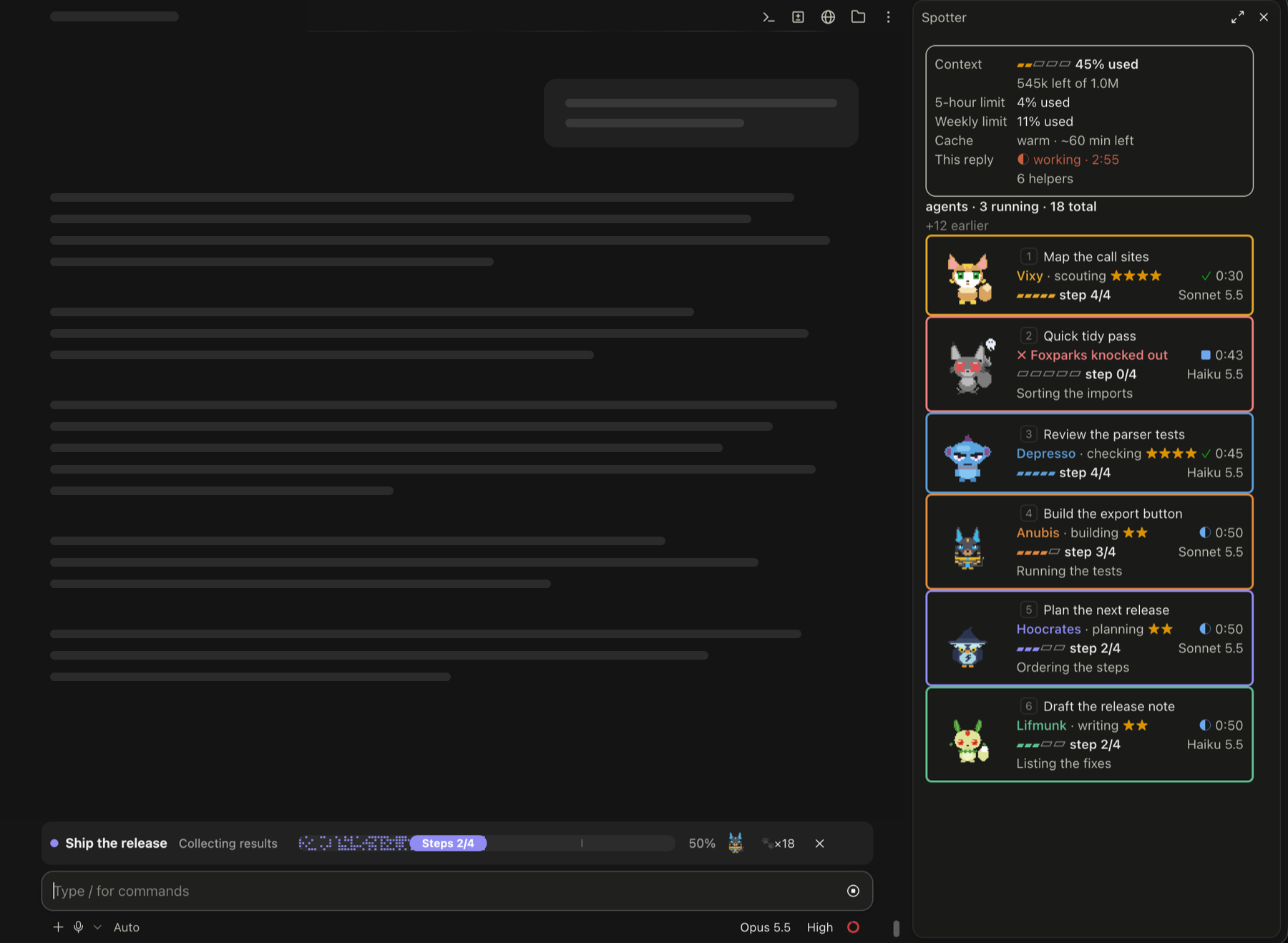 Claude desktop with the Spotter panel open: six helpers, one knocked out, and the progress bar at step 2 of 4
