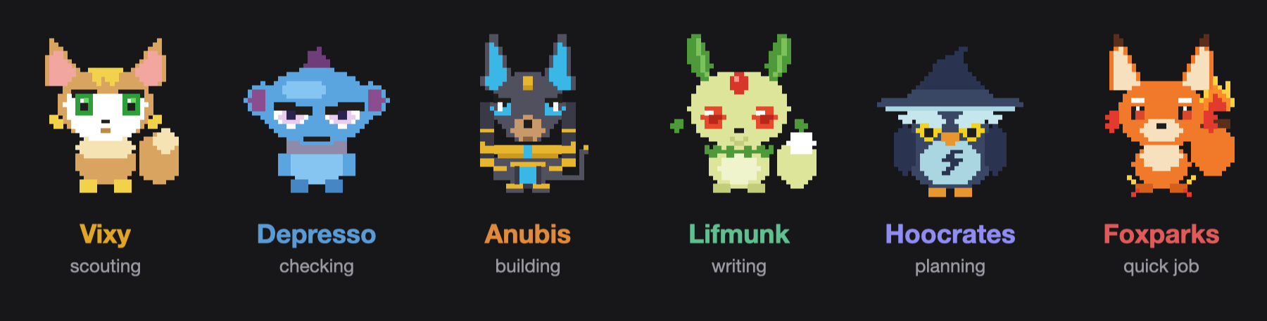 The six Pals: Vixy scouts, Depresso checks, Anubis builds, Lifmunk writes, Hoocrates plans, Foxparks does the quick jobs