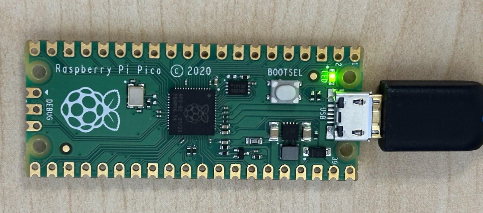 A Raspberry Pi Pico board.
