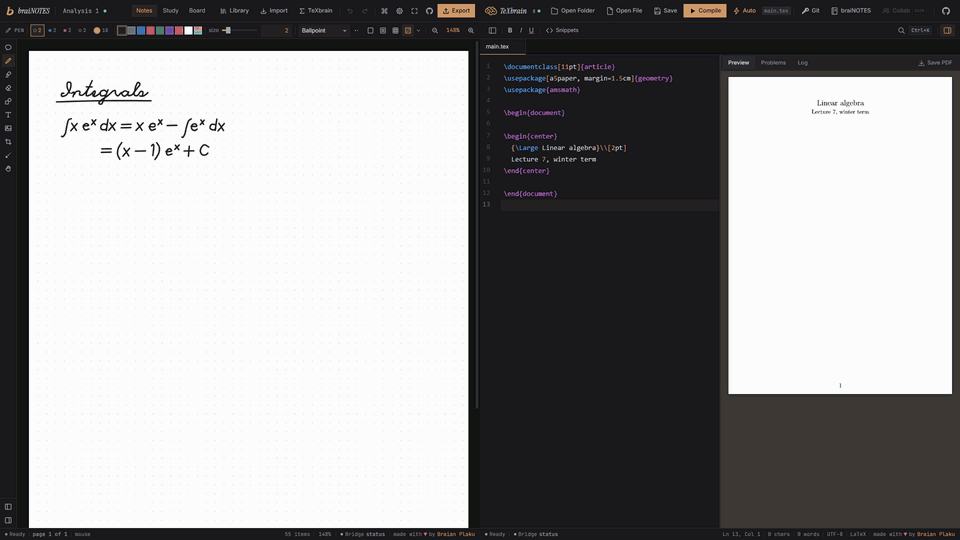braiNOTES and TeXbrain side by side: the notebook of the open project comes up, its handwritten page is read, written into main.tex as LaTeX and compiled, then another notebook switches TeXbrain to its project
