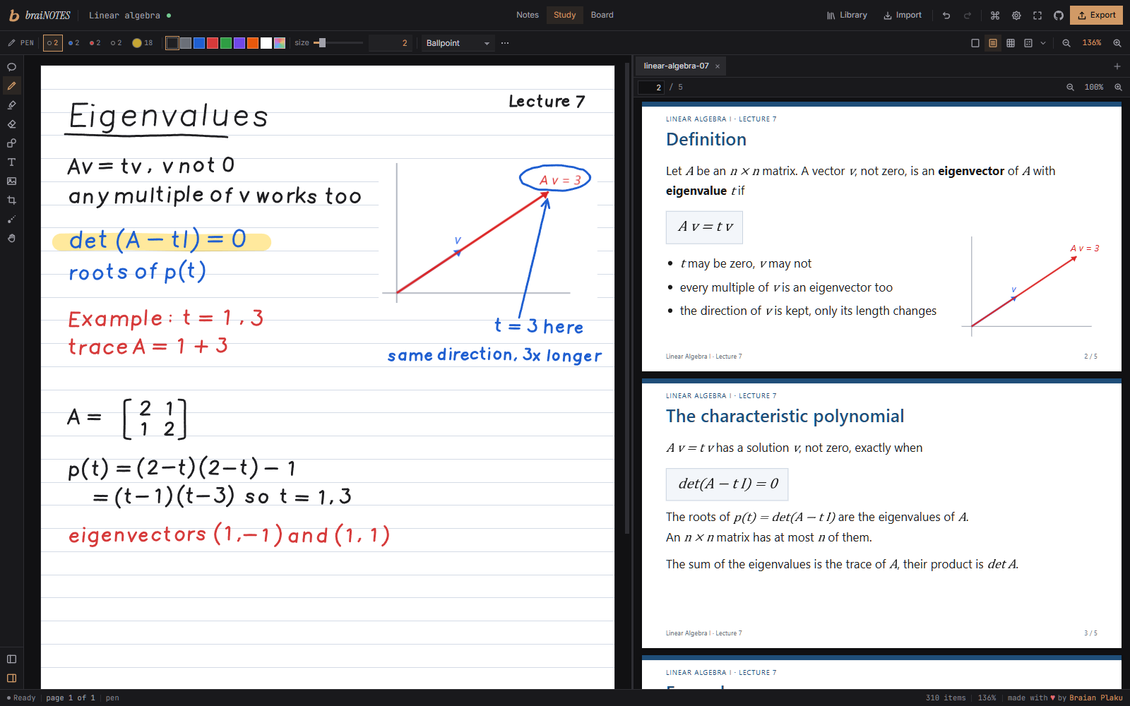 braiNOTES in Study mode, handwritten notes with a diagram snipped from the slides, and the lecture pdf open on the side