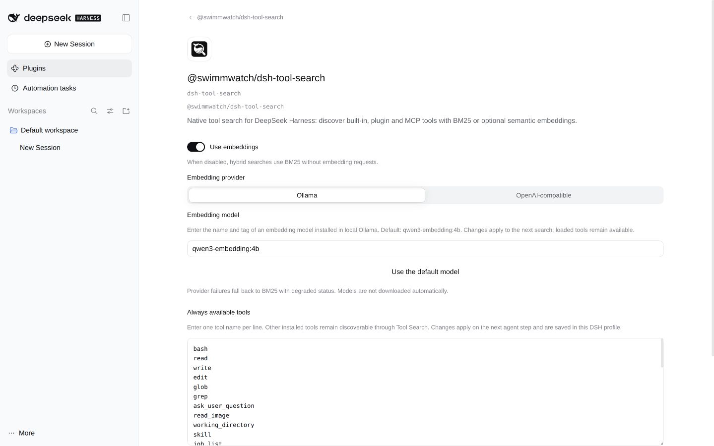 DSH Tool Search settings: embedding provider, model and always-available tools