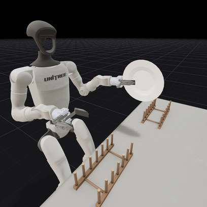 Unitree G1 in the move_plate task between two plate racks — source: swirl-uk/BiGym2 repository