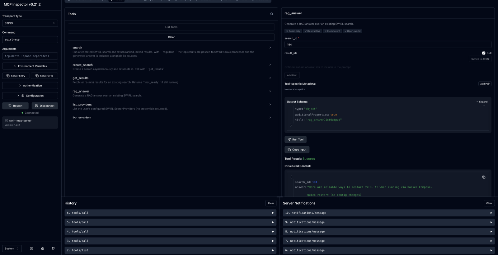 SWIRL MCP Server — rag_answer tool returning a federated RAG answer in the MCP Inspector