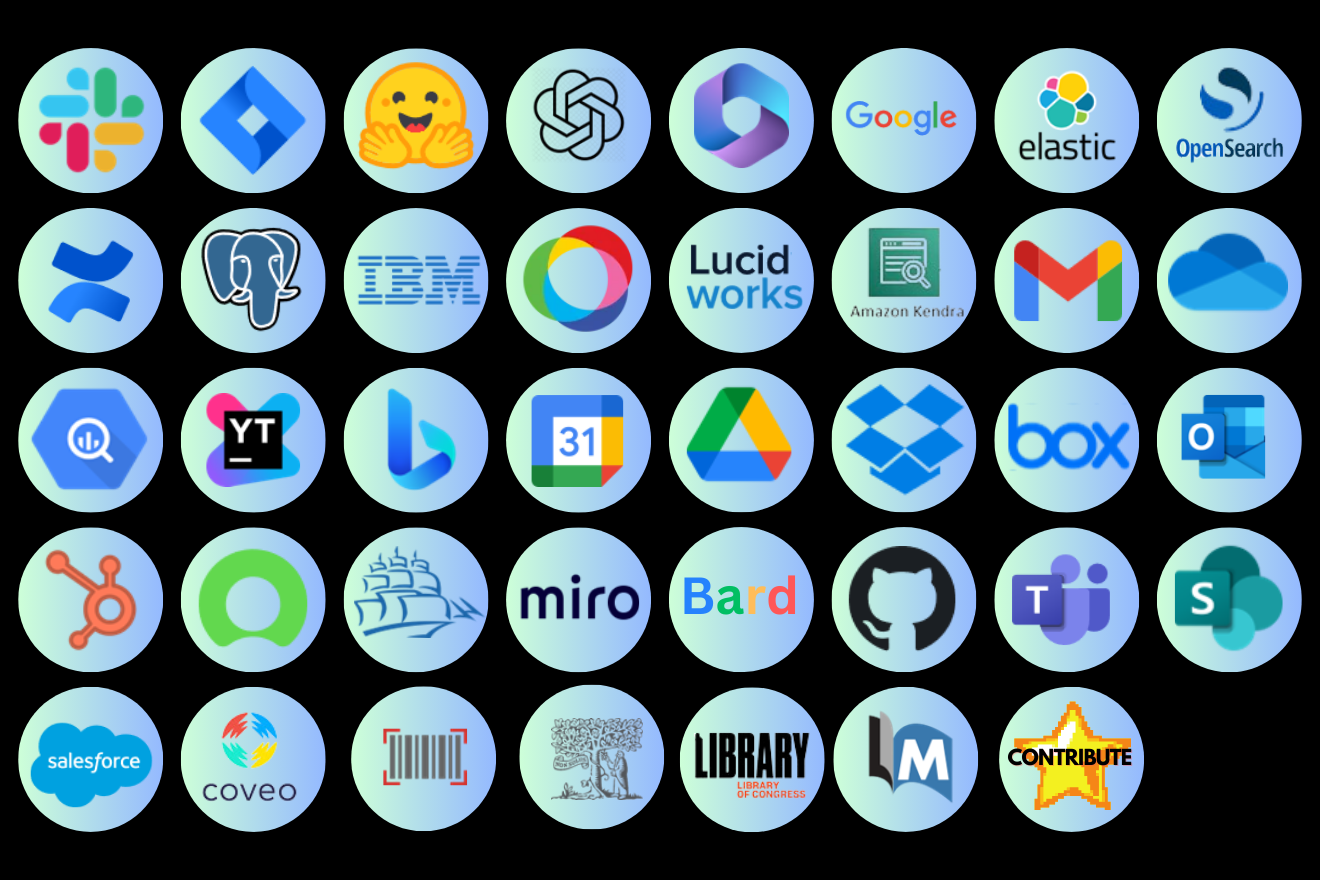 Grid of SWIRL connector logos for the supported enterprise and public data sources