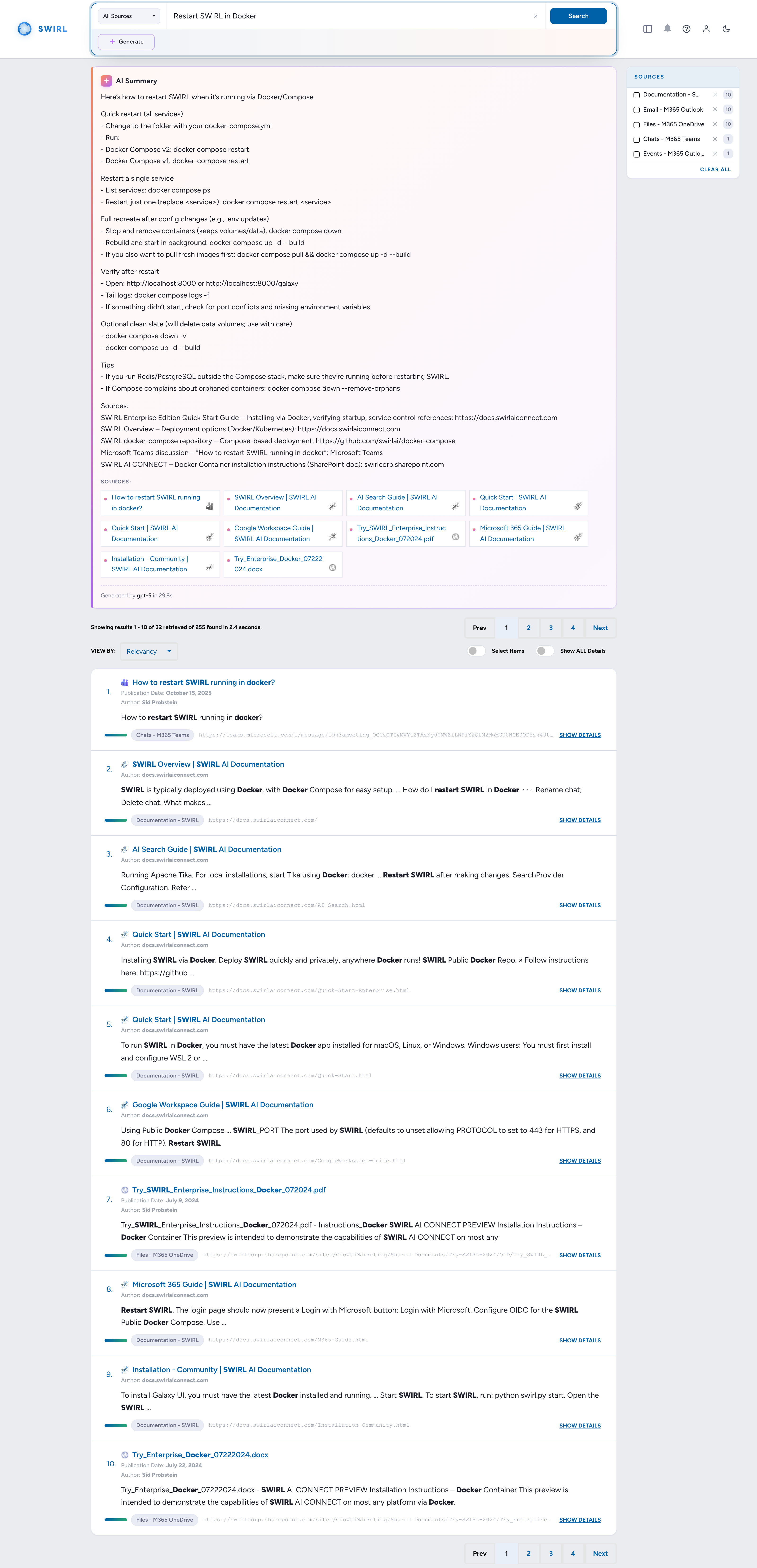 SWIRL Galaxy UI in 4.5: a RAG AI Summary answer with cited sources from federated M365 results
