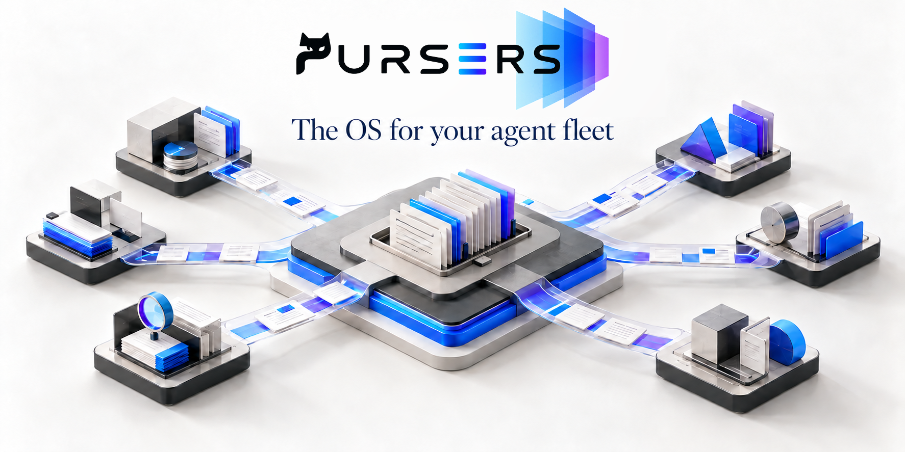 Pursers, the OS for your agent fleet, shown as a central operations hub connecting specialized agents