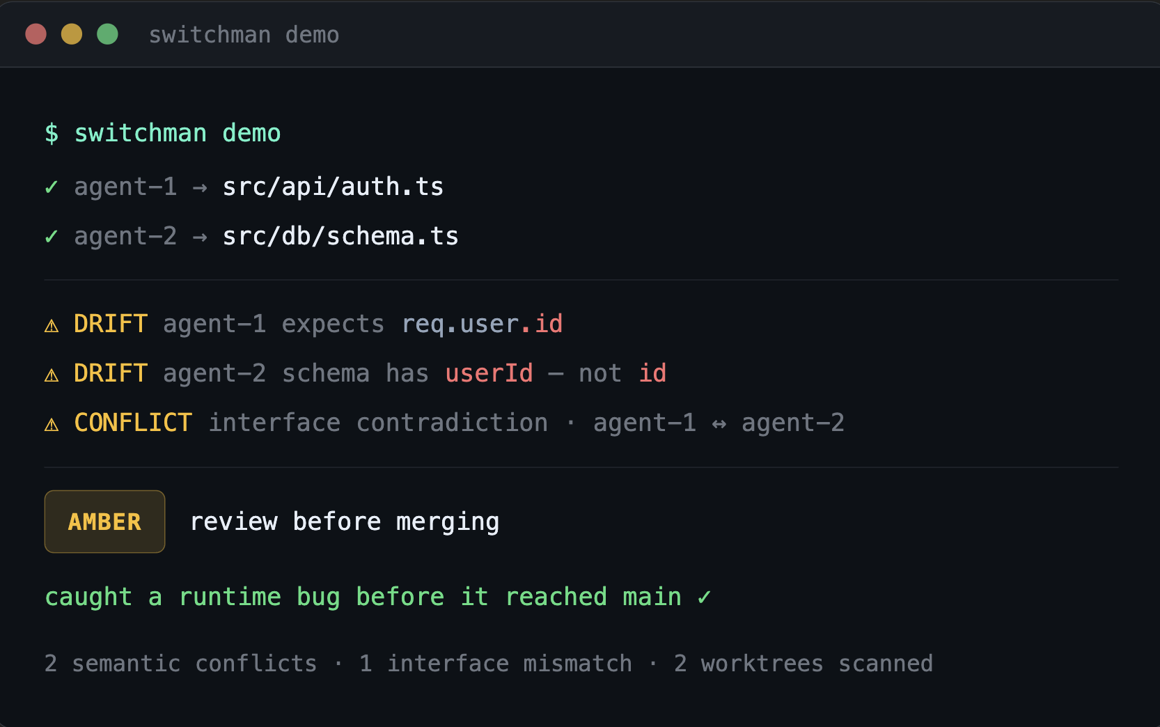Switchman demo - agent2 blocked from src/auth.js, rerouted safely, both branches landed cleanly