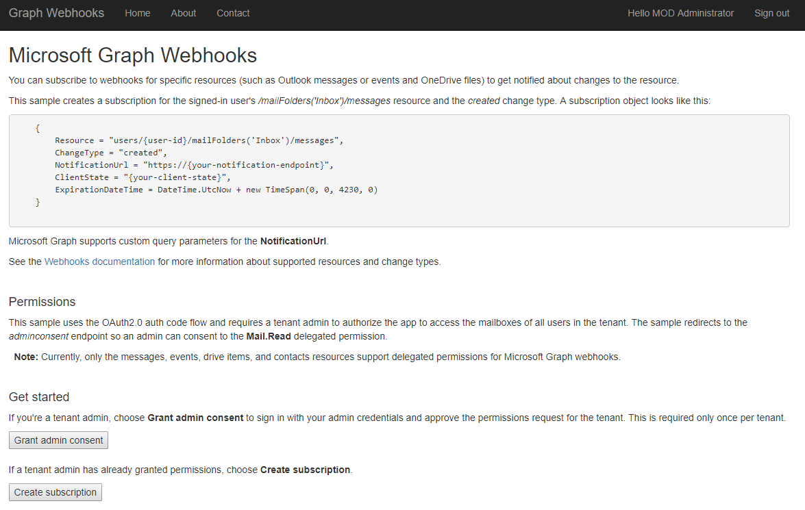 Microsoft Graph Webhook Sample for ASP.NET Core screenshot