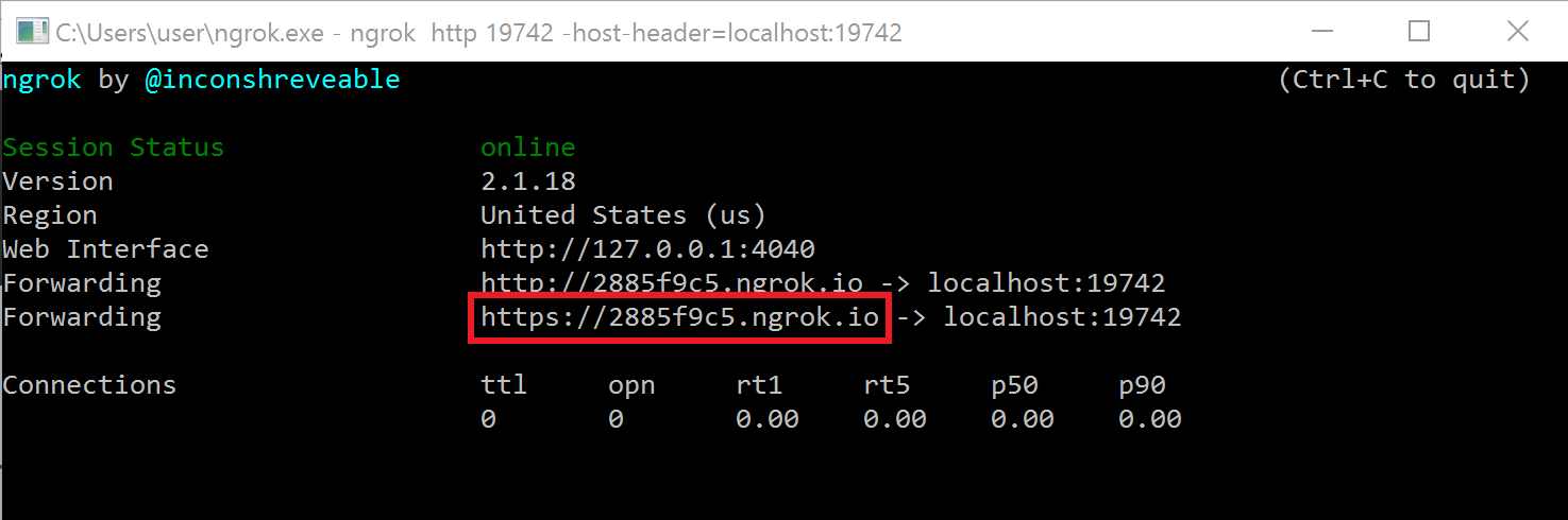 The forwarding HTTPS URL in the ngrok console