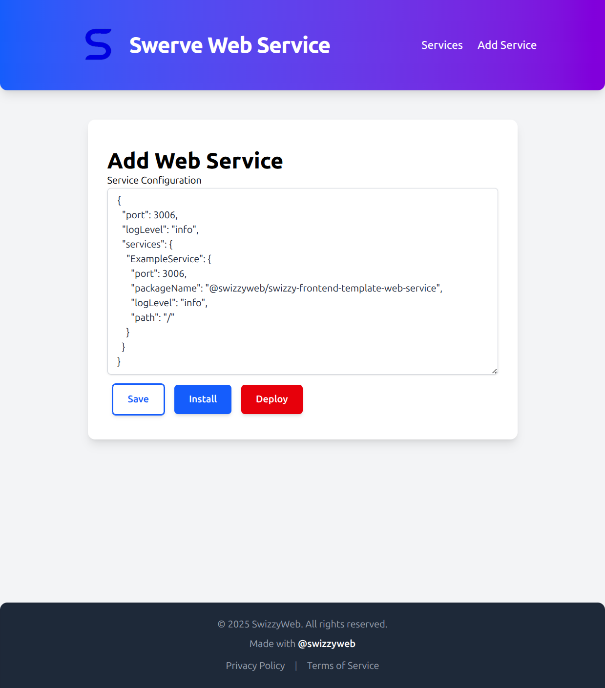 Add service page of Swerver portal