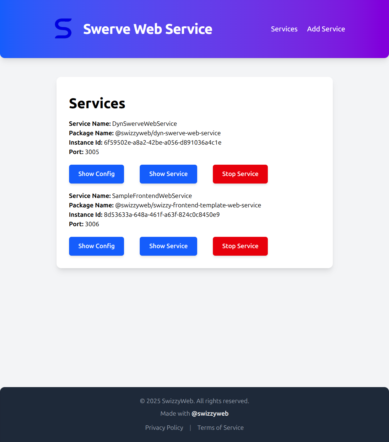 Service management page of Swerver portal