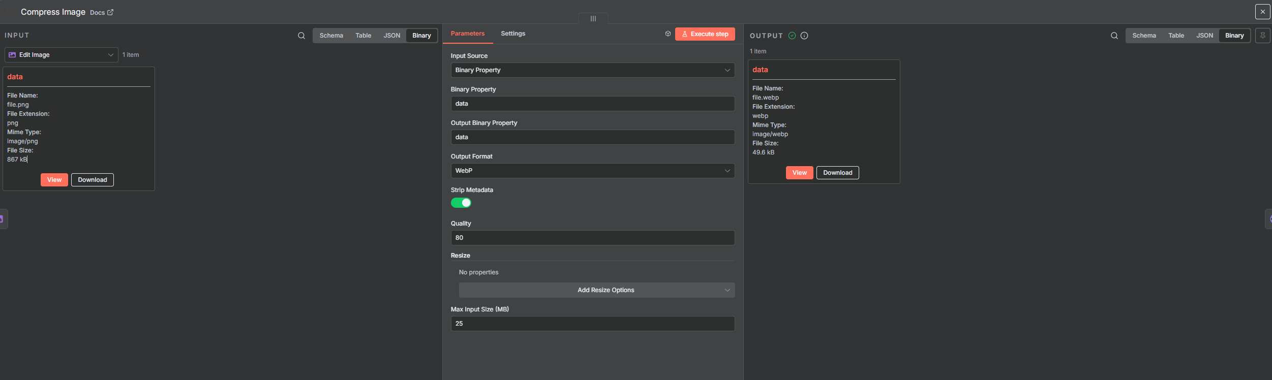n8n Image Compress - usage screenshot