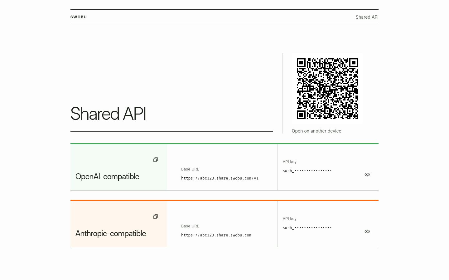 Swobu Shared API page showing OpenAI-compatible and Anthropic-compatible endpoints