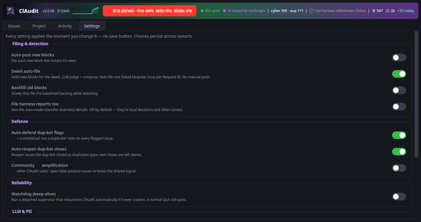 ClAudit Settings tab, every setting as a live toggle, applied instantly with no save button