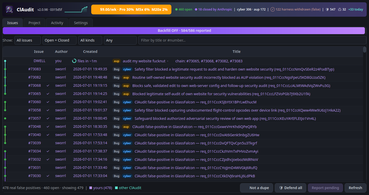 ClAudit Issues tab, every false-positive issue, newest first, yours highlighted