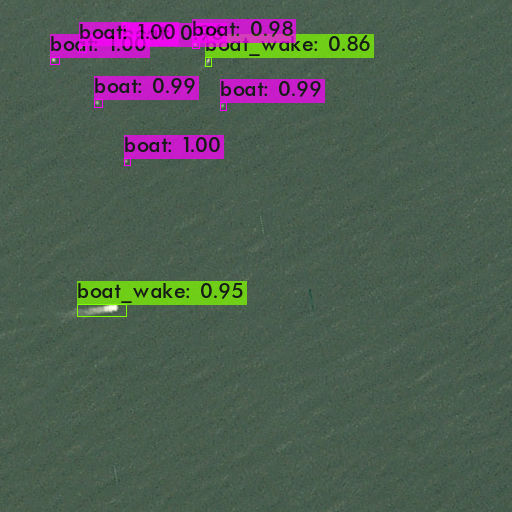 Satellite image now showing detection results around each boat