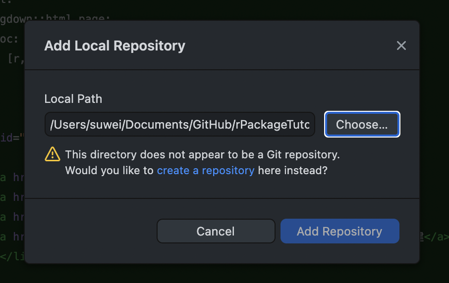 3.2.2 选择本地项目地址后点击 create a repository 创建相关设定。