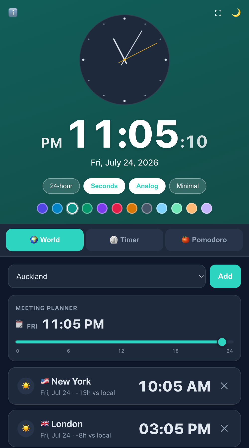 World clock view showing multiple cities