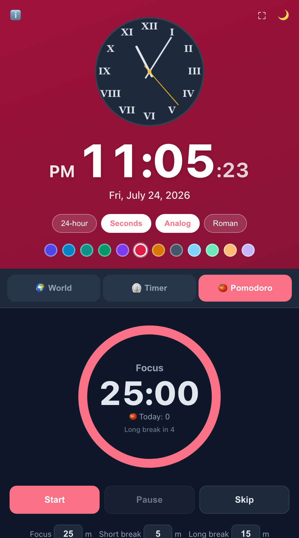 Pomodoro view with focus/break cycling