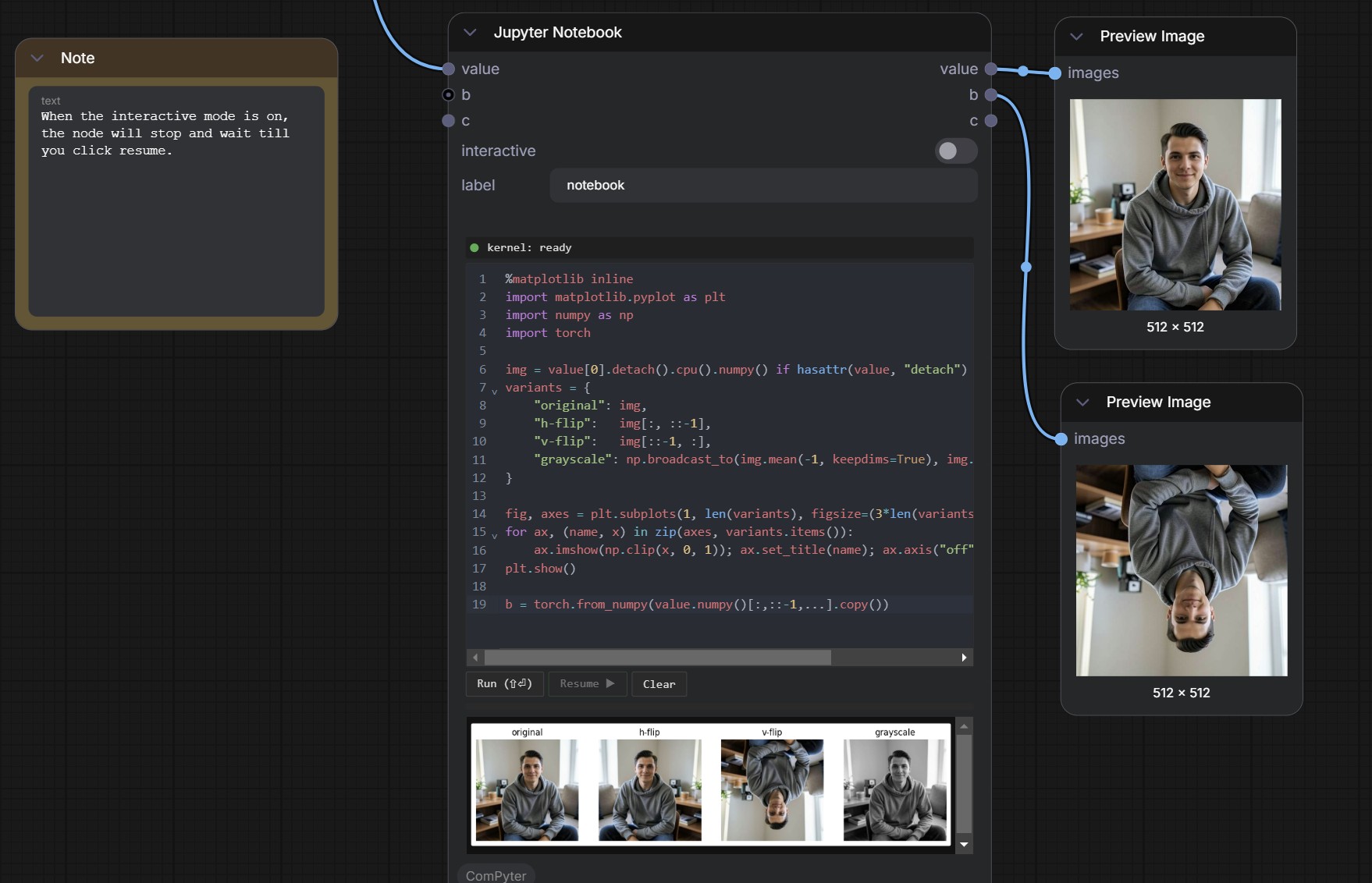 Side-by-side transforms with the v-flip routed through dynamic output b
