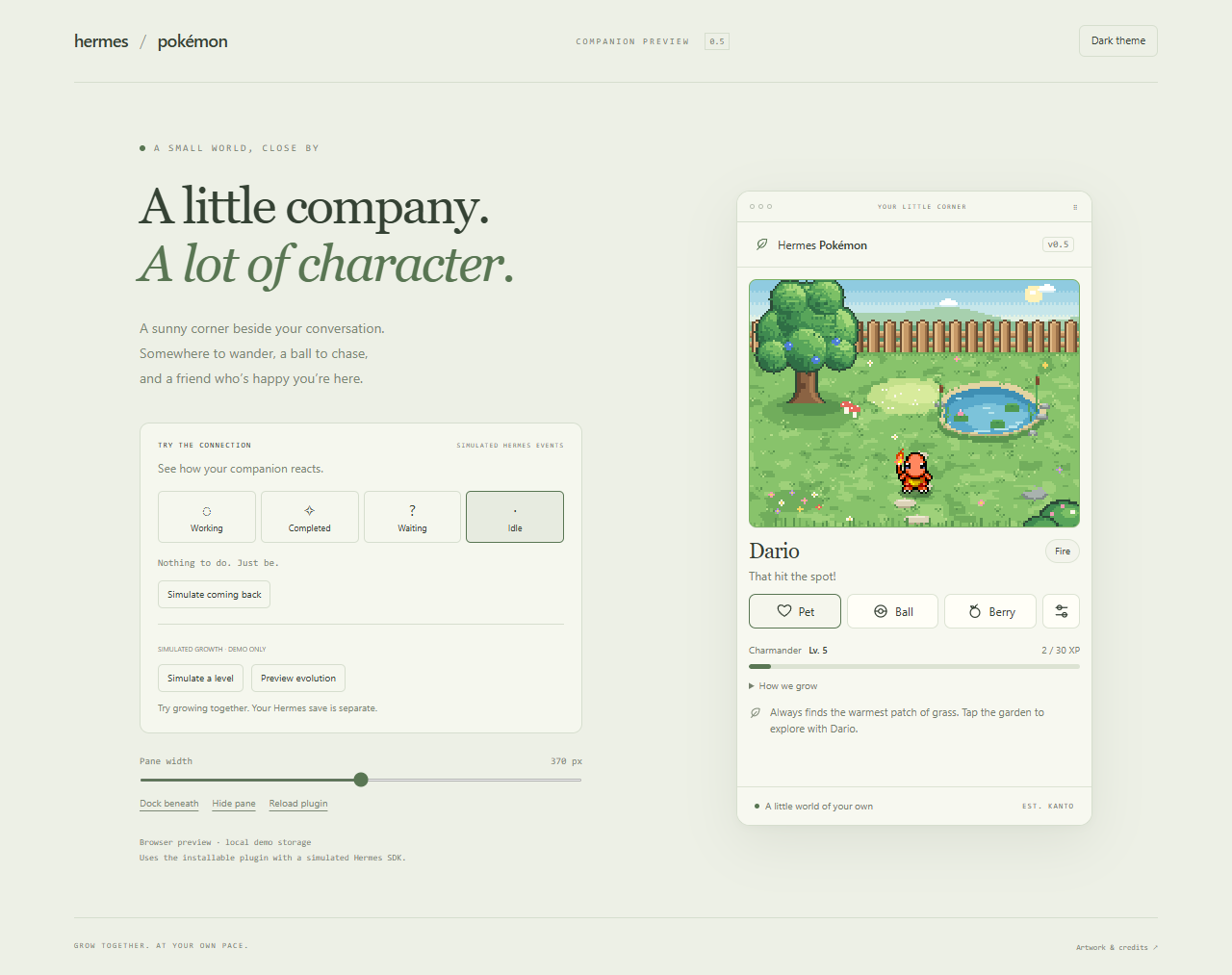 Hermes Pokémon garden in the browser preview