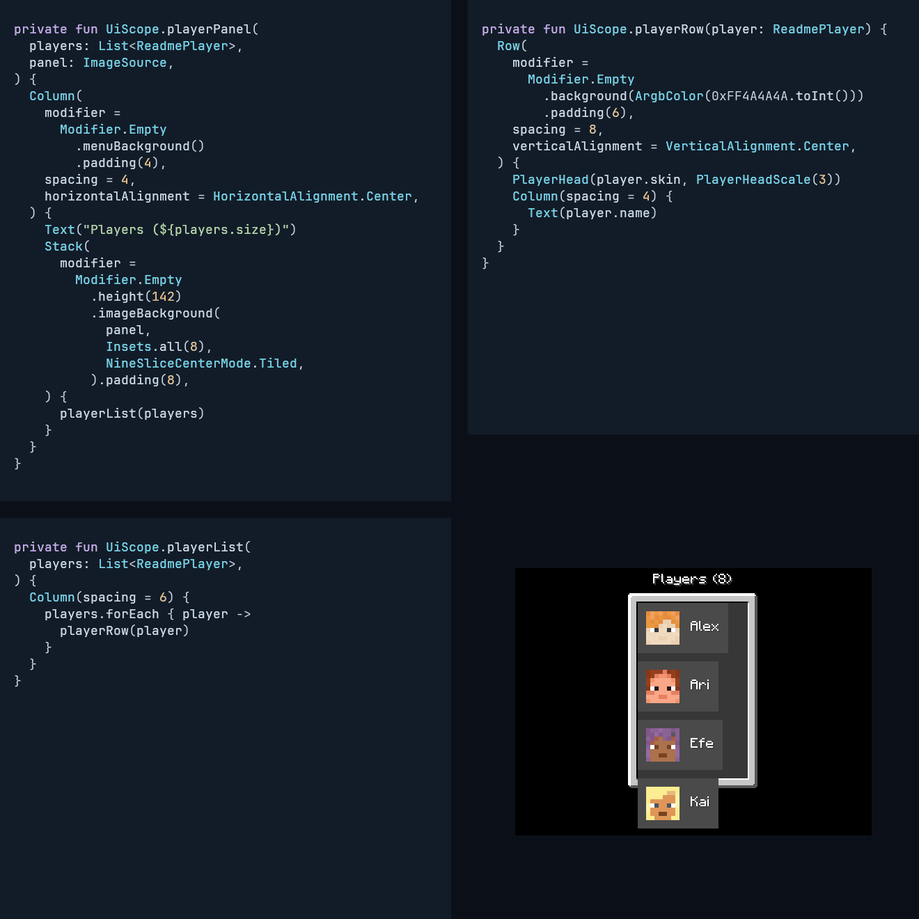 Strata: compose player rows, size the list, and link a scrollbar