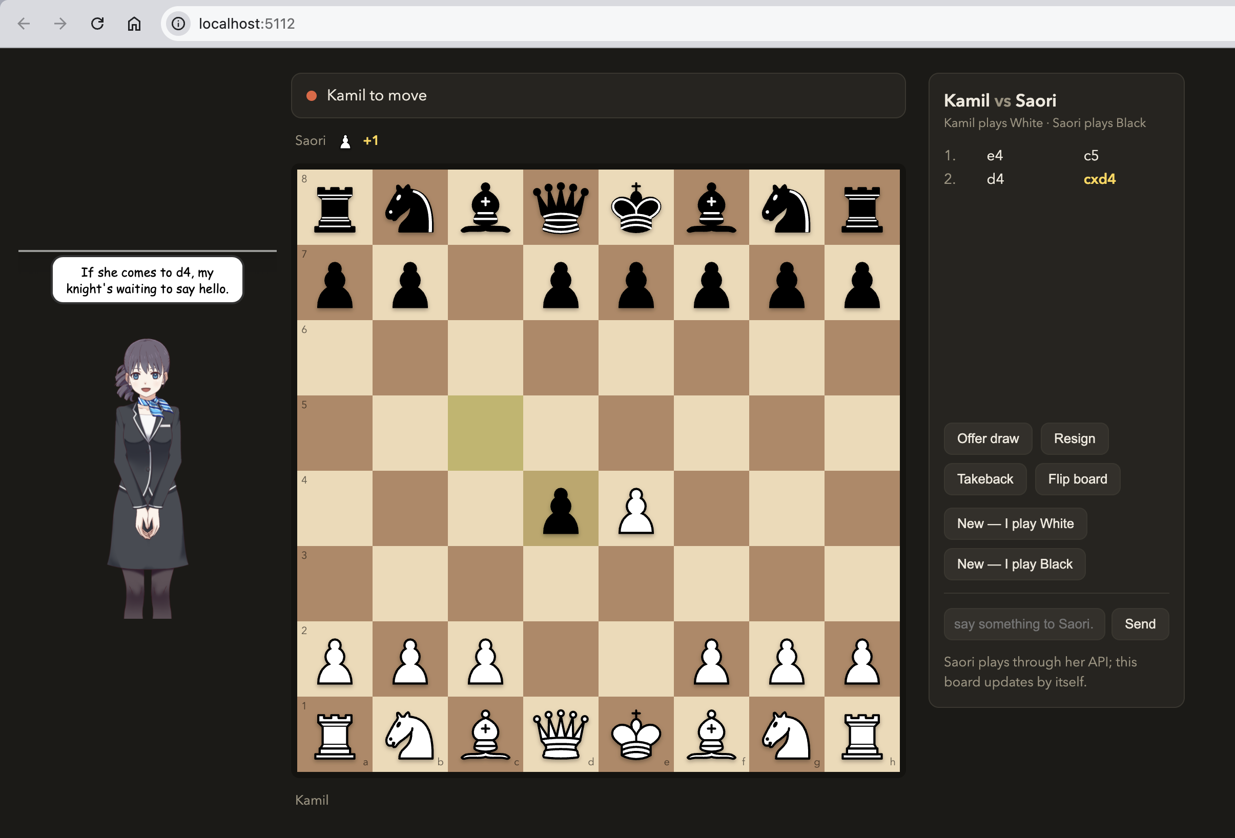 Saori at her desk announcing her move beside the live chess board