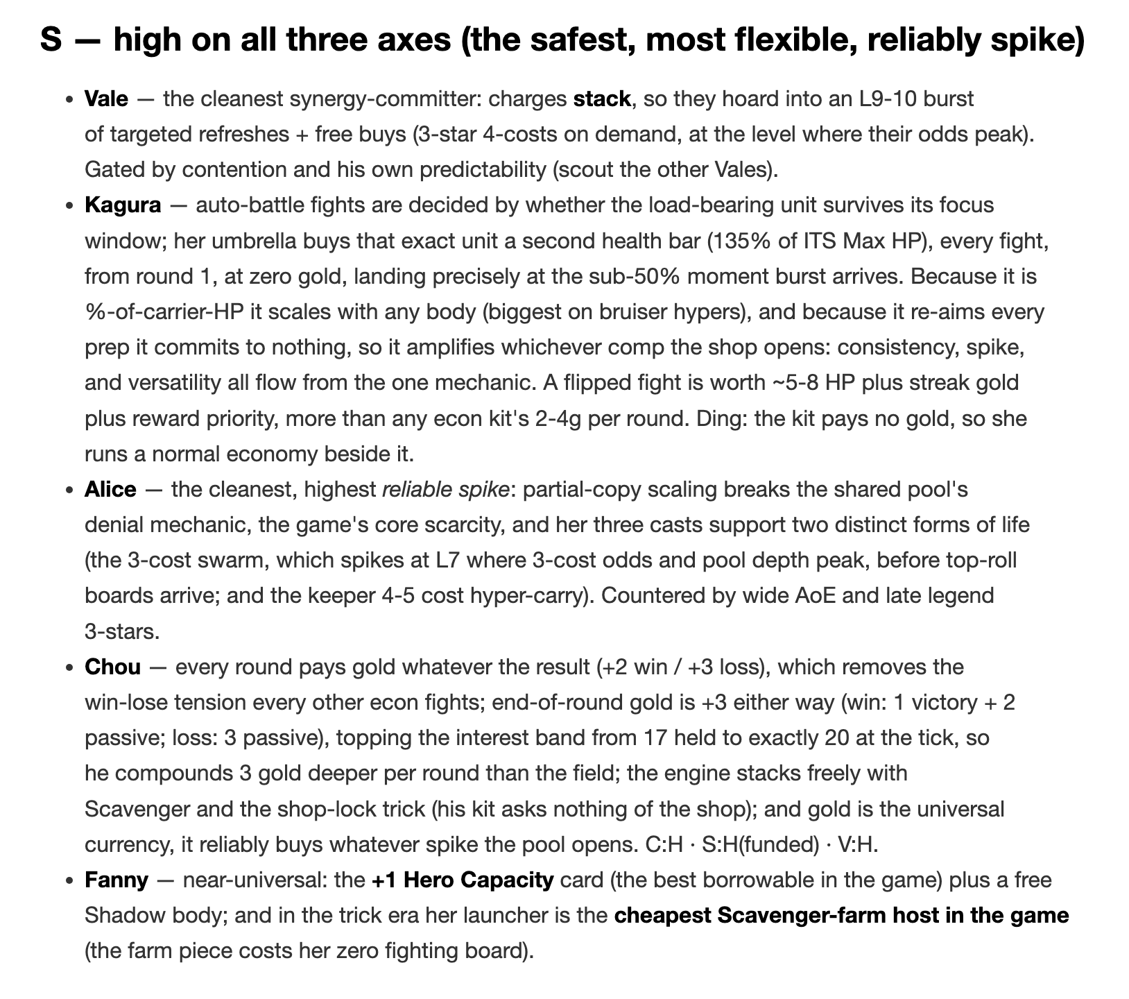 One of Saori's Magic Chess: Go Go valuation pages: the commanders tier list