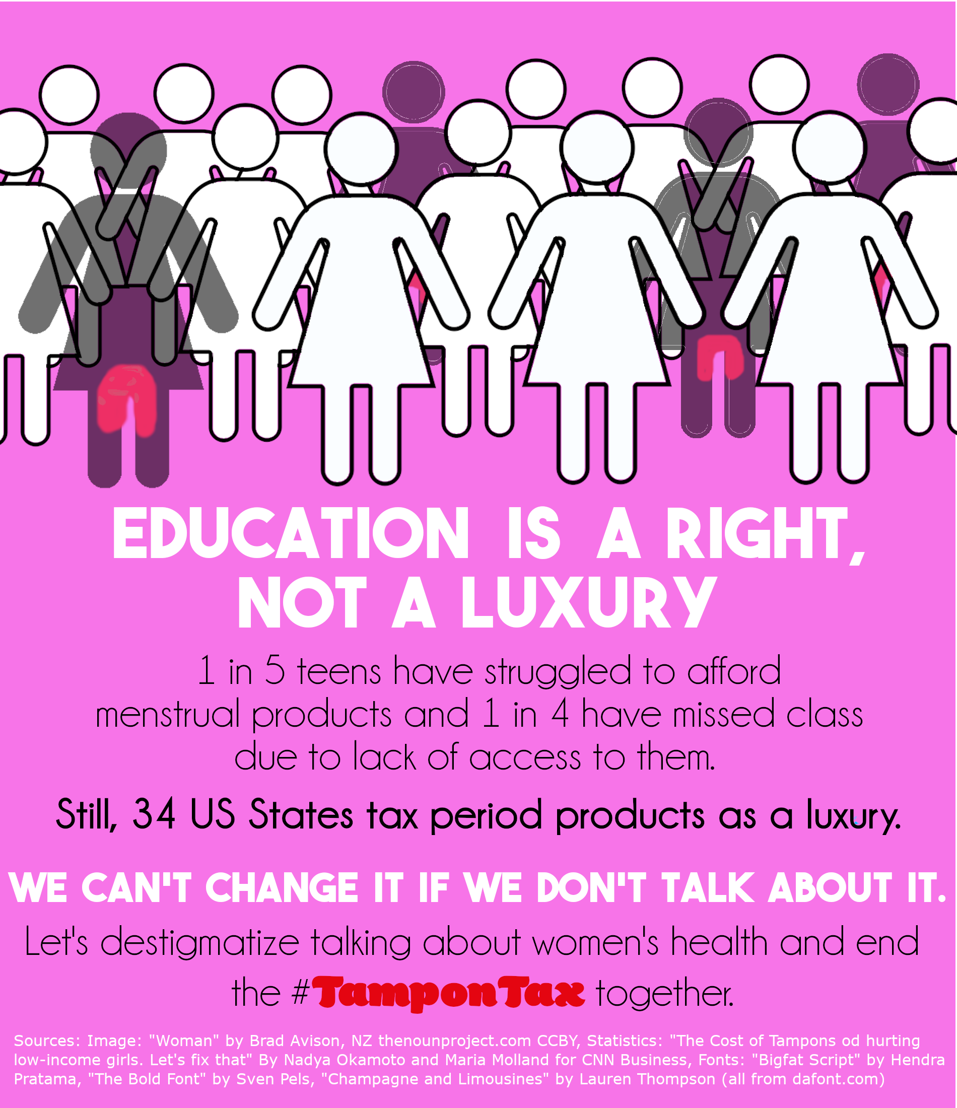 Icons of women stand in 3 rows of 4, 5, and 8; in each row, most are solid white but 1 or 2 are transparent gray with bright pink stains between their legs. Headline reads: 'Education is a Right, Not a Luxury.' A hashtag at the bottom directs viewers to #TamponTax.