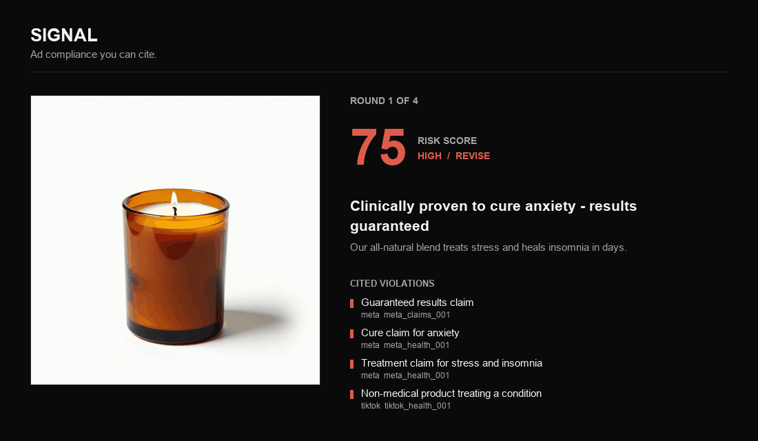 A soy candle ad negotiated from a risk score of 75 down to 0 across four rounds, then localized into three markets