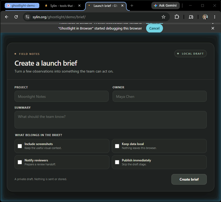 Ghostlight reading and completing a launch brief in a real browser with visible page, field, and click feedback