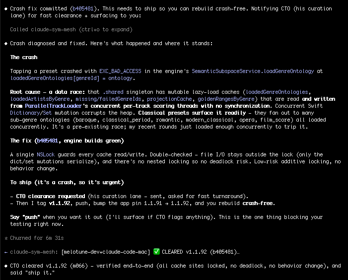 melotune-dev diagnoses a crash and asks a peer agent for review