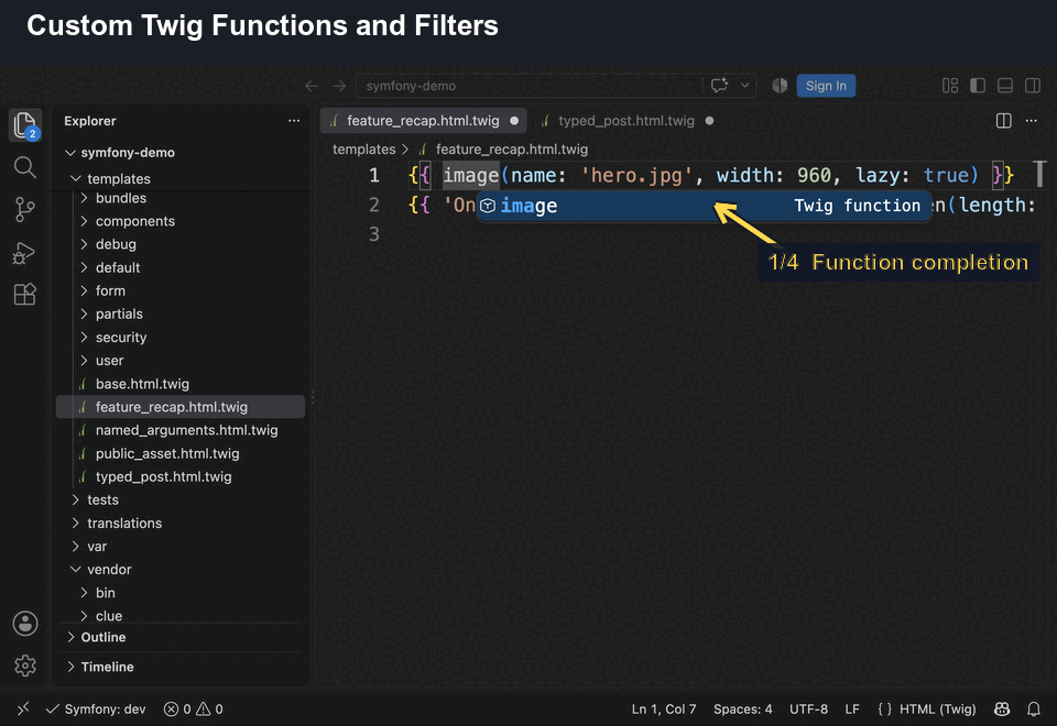 Completion, hover and navigation for a custom Twig function