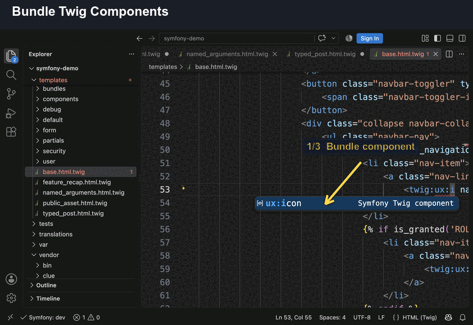 Completion and navigation for the ux:icon Twig component