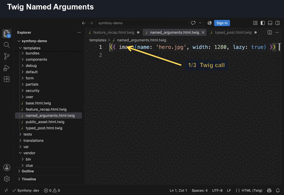 Named argument completion for a custom Twig function