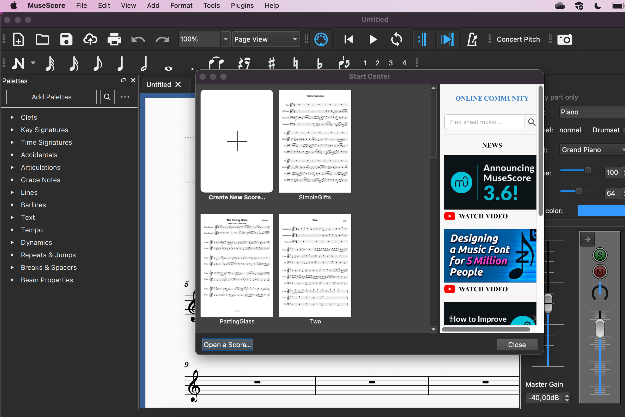 MuseScore start screen