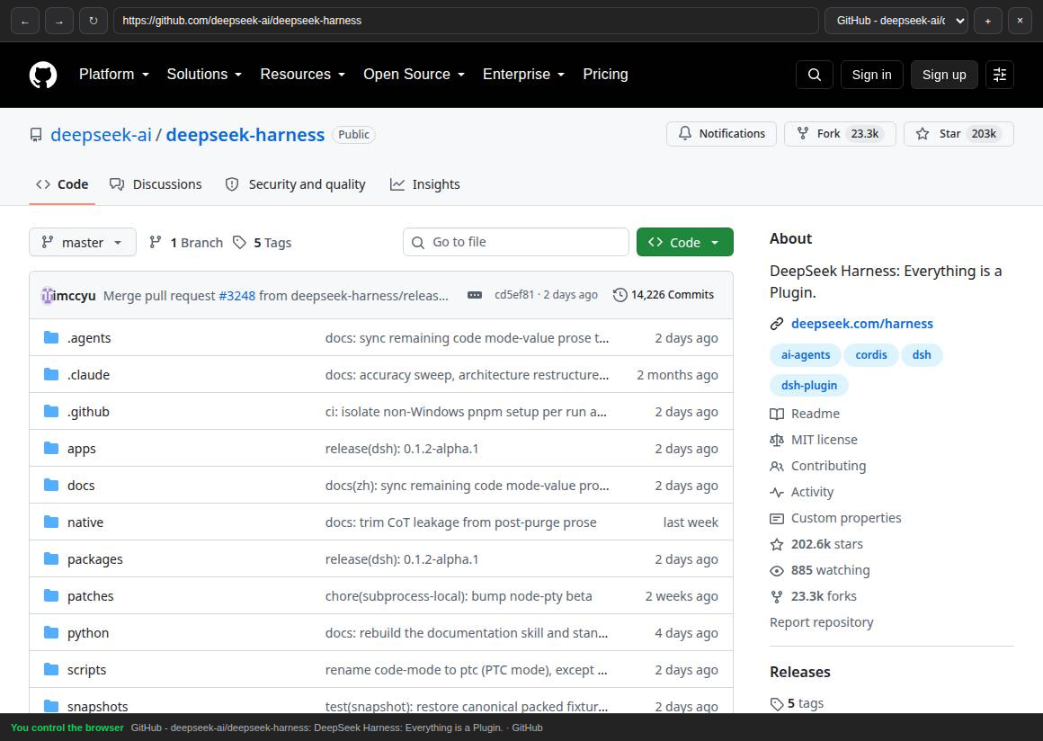Dark-theme DeepSeek Harness Browser Use panel displaying the Harness repository