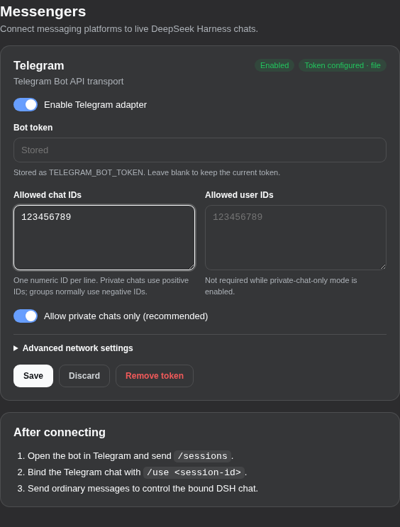 Dark-theme Telegram configuration in DeepSeek Harness Messenger settings