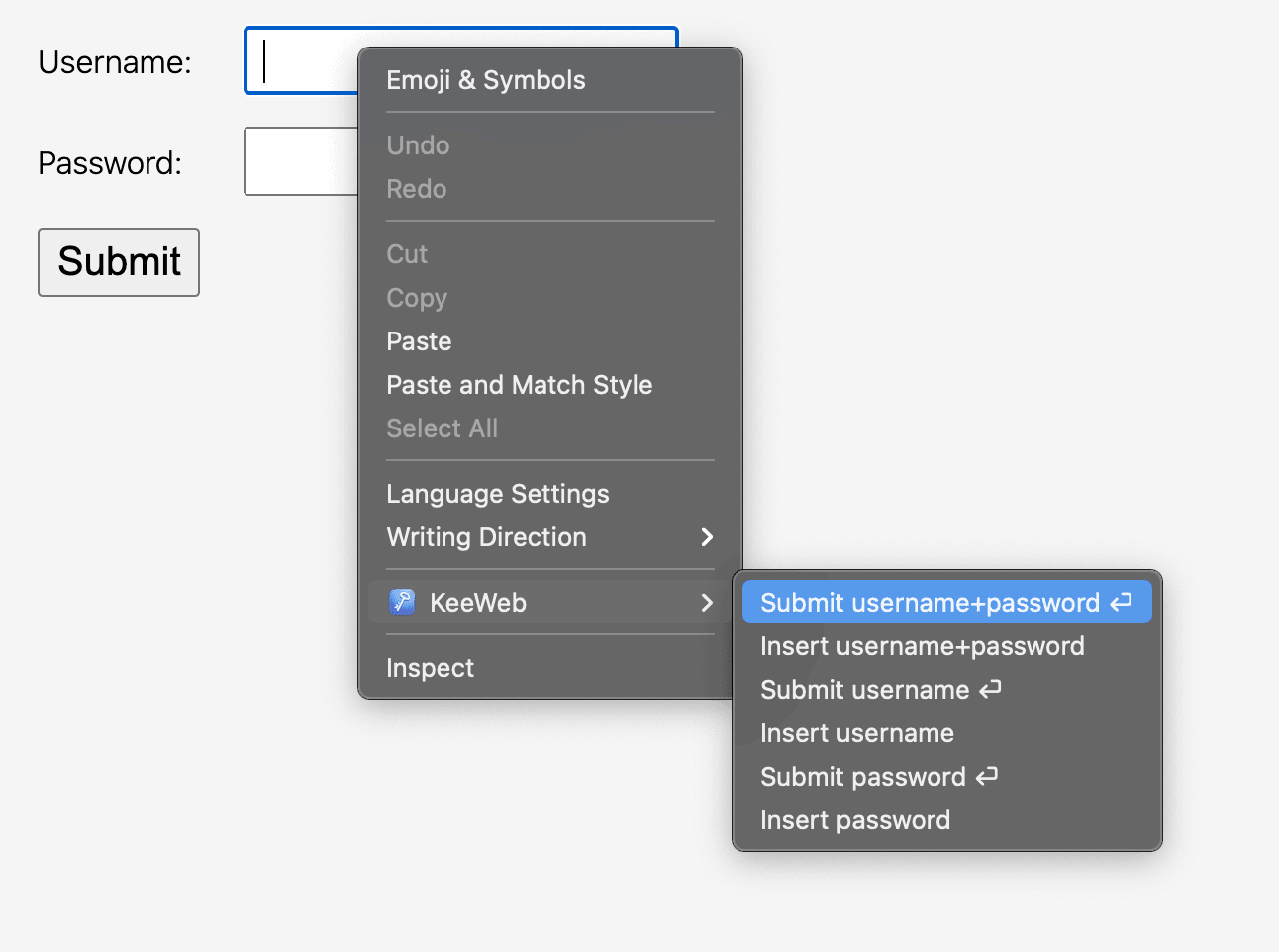 KeeWeb Connect menu