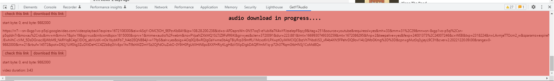 current look of the extension when downloading audio